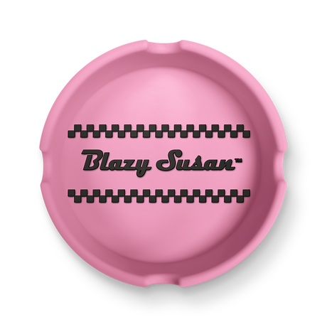 Classic Ashtray: A round silicone tray with black checker bands and Blazy Susan™ in bold script, designed for organizing small items.