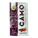 Chamomile Wraps - Goji - Carton of 25; package close-up showing resealable foil packs, emphasizing natural, tobacco-free wraps crafted from chamomile and mate plants.