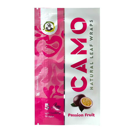 Chamomile Wraps - PassionFruit - Carton of 25; features half passion fruit imagery, highlighting the tropical essence of chamomile and mate plant-based, tobacco-free wraps.