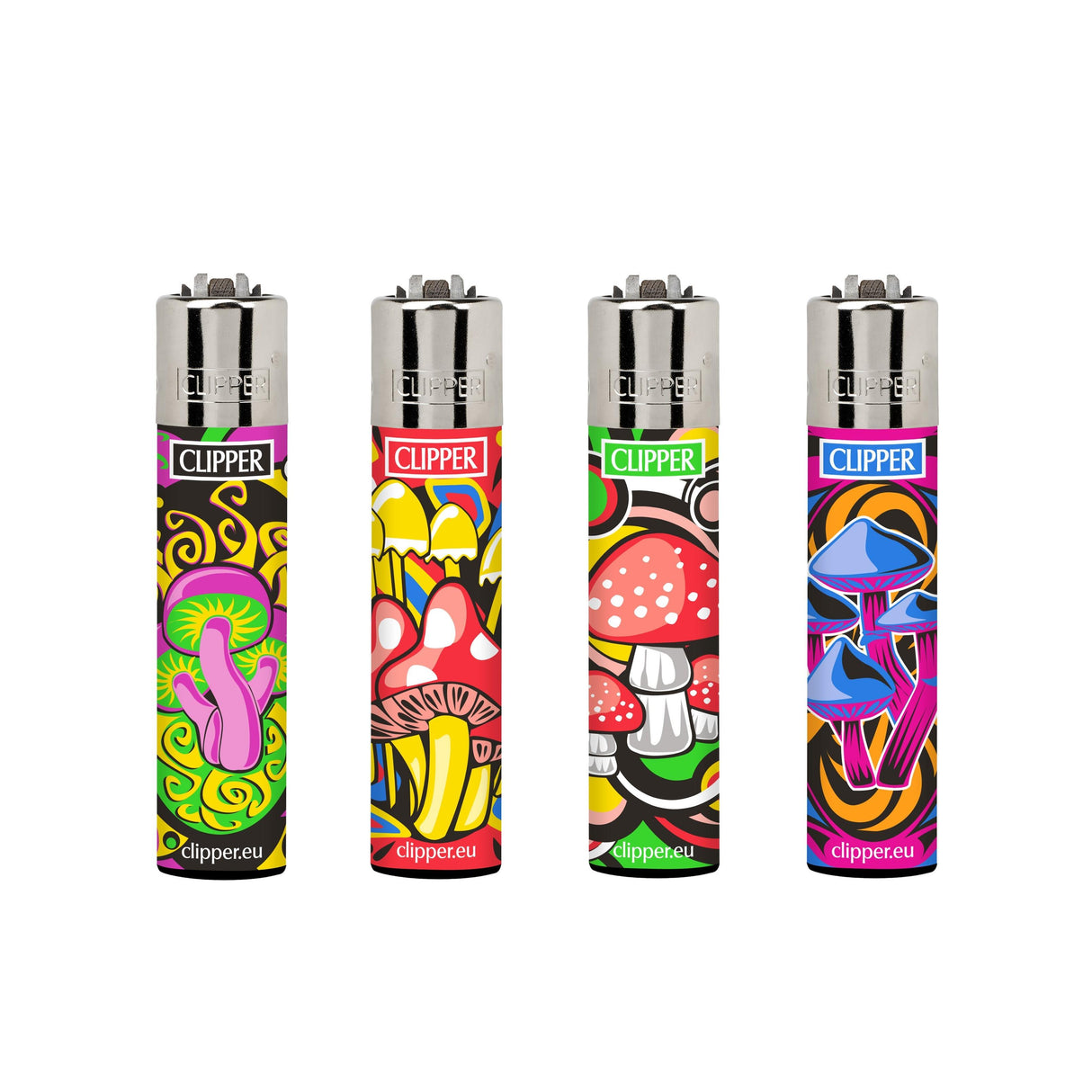 Classic Large Lighters Mushroom Colors - Tray of 48, featuring assorted designs with refillable gas, replaceable flints, and packing tool, ensuring long-lasting use.