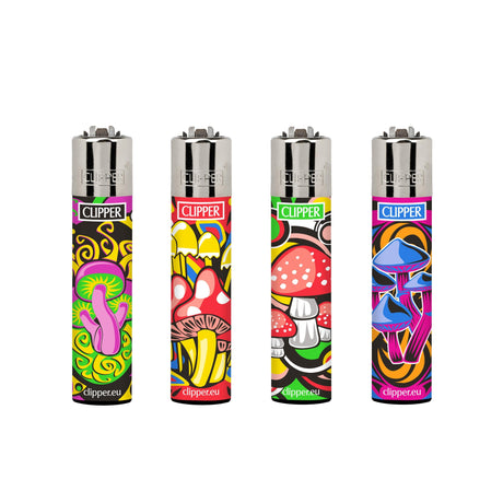 Classic Large Lighters Mushroom Colors - Tray of 48, featuring assorted designs with refillable gas, replaceable flints, and packing tool, ensuring long-lasting use.