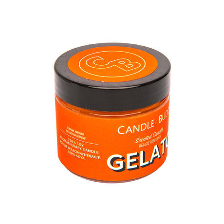 Terpene Infused Soy Candle - Gelato Strain Scent: A jar candle with a close-up of its label, highlighting cannabis-inspired fragrance. Made with 100% soy wax.