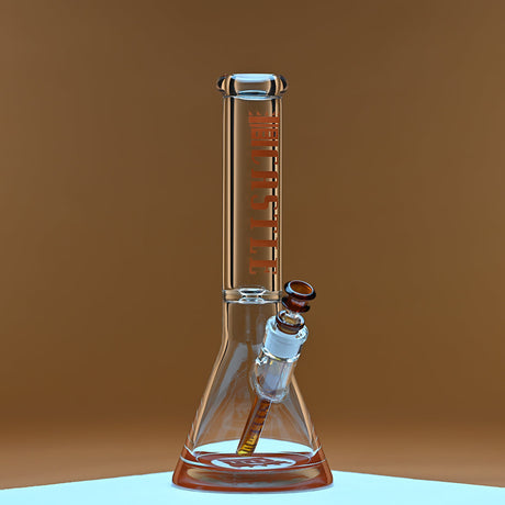14 Glass Beaker Bong - Amber Logo; elegant borosilicate glass bong with stable base, thick tube, and vibrant logo, designed for durability and smooth smoking.