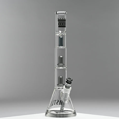 18 Glass Beaker Bong Double Shower Head - Grey, featuring a sturdy base and innovative three-chambered design with integrated showerhead percolators, crafted from borosilicate glass.