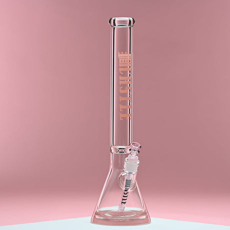 18 Glass Beaker Bong - Pink Logo, featuring premium borosilicate glass with a pipe, substantial base for stability, and colored logos for added elegance.