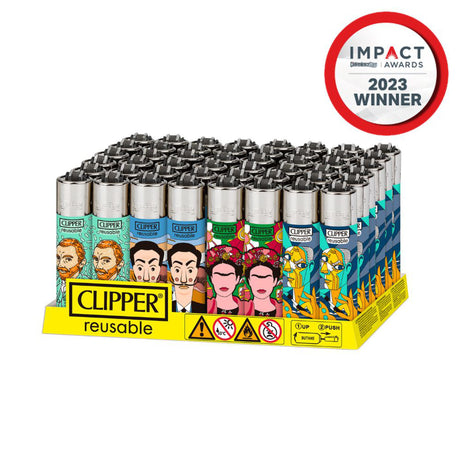 Clipper's Classic Large Reusable Lighter 48 Pack features artist-inspired designs, showcasing unique, refillable lighters with creative, iconic art for style and functionality.