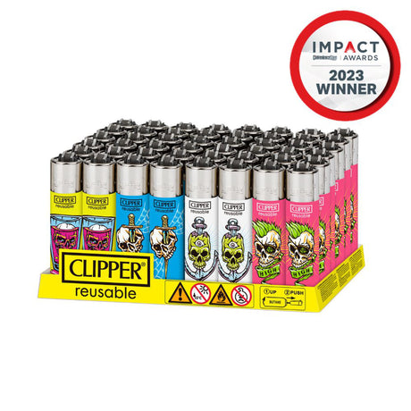 Clipper Classic Large Reusable Lighter - Bone Portraits Collection, displayed in a box, featuring intricate artwork and a built-in packing tool for versatile use.