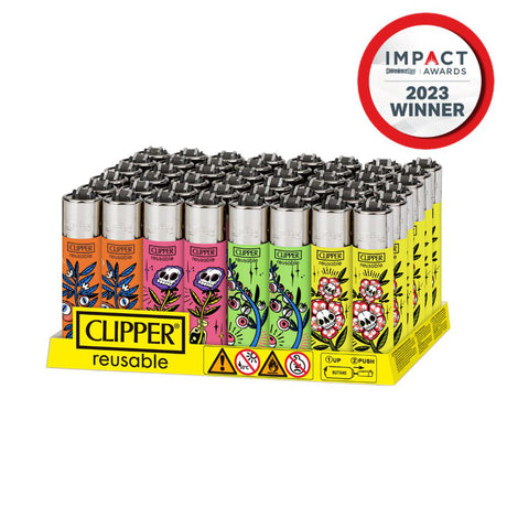 Classic Large Reusable Lighter - Strange Flowers 2 Design - 48 Pack displayed in a box, featuring unique botanical-themed designs and built-in packing tools.