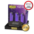 Metal Lighters Purple Rain, a tray of 12 refillable lighters featuring shiny or matte finishes with packing tools, displayed in a box.
