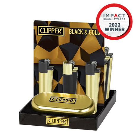 Metal Reusable Lighter - Black & Gold - 12 Pack displayed in a tray, showing close-up details of refillable lighters and metal cases.