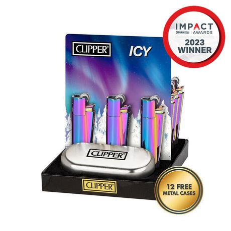 Metal Reusable Lighter - Icy - 12 Pack displayed in a box, showcasing sleek design and practicality with built-in packing tool and refillable tanks.
