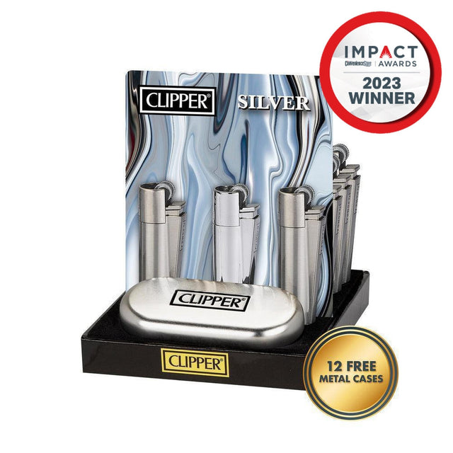 Close-up of a Metal Reusable Lighter - Silver - 12 Pack, showcasing a sleek design, part of a boxed set with gold and red circular accents.