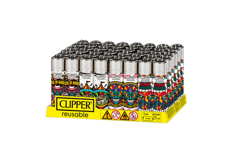 Clipper® Classic Large Lighters Horror Days 2 - 48 Pack on display tray, featuring reusable, horror-themed designs with built-in packing tool, refillable for sustainability.