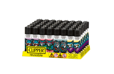 Classic Large Lighters - Racoons - 48 Pack displayed in a branded tray, featuring colorful wolf or fox designs, with a built-in packing tool.