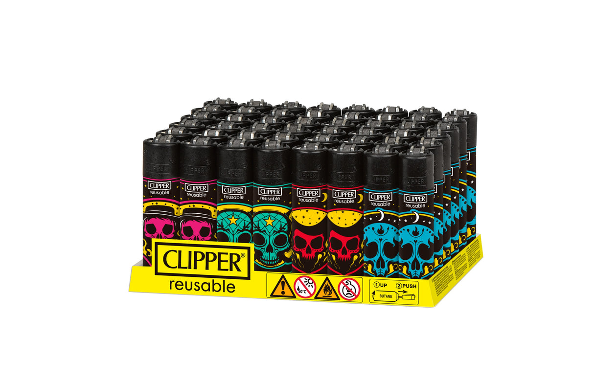 Countertop tray with 48 Clipper Classic Large Lighters, Black Magic Skulls design, featuring reusable and refillable functionality with built-in packing tool.