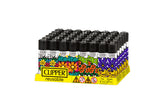 Clipper Classic Large Lighters Urban Flowers - 48 Pack in a yellow display, featuring graffiti-style floral designs, refill instructions, and built-in packing tool.