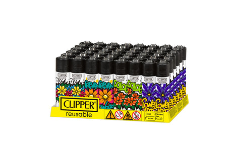 Clipper Classic Large Lighters Urban Flowers - 48 Pack in a yellow display, featuring graffiti-style floral designs, refill instructions, and built-in packing tool.