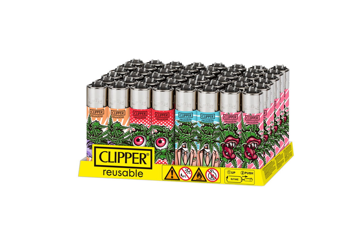 Clipper® Classic Large Lighters Out Of Weed - 48 Pack in a yellow tray, featuring colorful, plant-themed designs on refillable lighters with built-in packing tools.