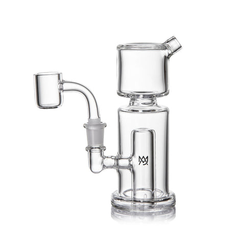 Column Mini Dab Rig - Clear: A compact glass rig with built-in percolator, splash guard, and quartz banger for vaporizing cannabis extracts.