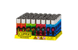 Clipper refillable butane lighters on display, featuring Halloween-themed skull graphics, part of the Classic Large Lighters Horror Days 1 - 48 Pack.