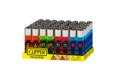 Clipper refillable butane lighters on display, featuring Halloween-themed skull graphics, part of the Classic Large Lighters Horror Days 1 - 48 Pack.