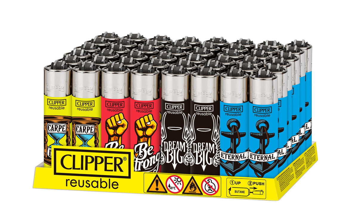 Clipper Classic Large CP11 lighters tray, featuring diverse designs like Carpe hourglass and Be Strong fist, emphasizing reusability with refillable parts.