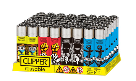 Clipper Classic Large CP11 lighters tray, featuring diverse designs like Carpe hourglass and Be Strong fist, emphasizing reusability with refillable parts.