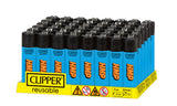 Countertop display of Classic Large Lighters - HMP, tray of 48 blue Clipper lighters with black tops, in a yellow rack featuring Clipper logo.