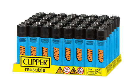 Countertop display of Classic Large Lighters - HMP, tray of 48 blue Clipper lighters with black tops, in a yellow rack featuring Clipper logo.