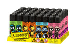 Classic Large CP11 - Spray Crew - 48 Lighters displayed on a yellow tray, showcasing colorful, cartoon-style designs with reusable features and safety pictograms.