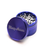 4-piece Aluminum Grinder 2.5 in anodized blue, showcasing its sharp grinding teeth and multi-chamber design, ideal for efficient herb or spice management.