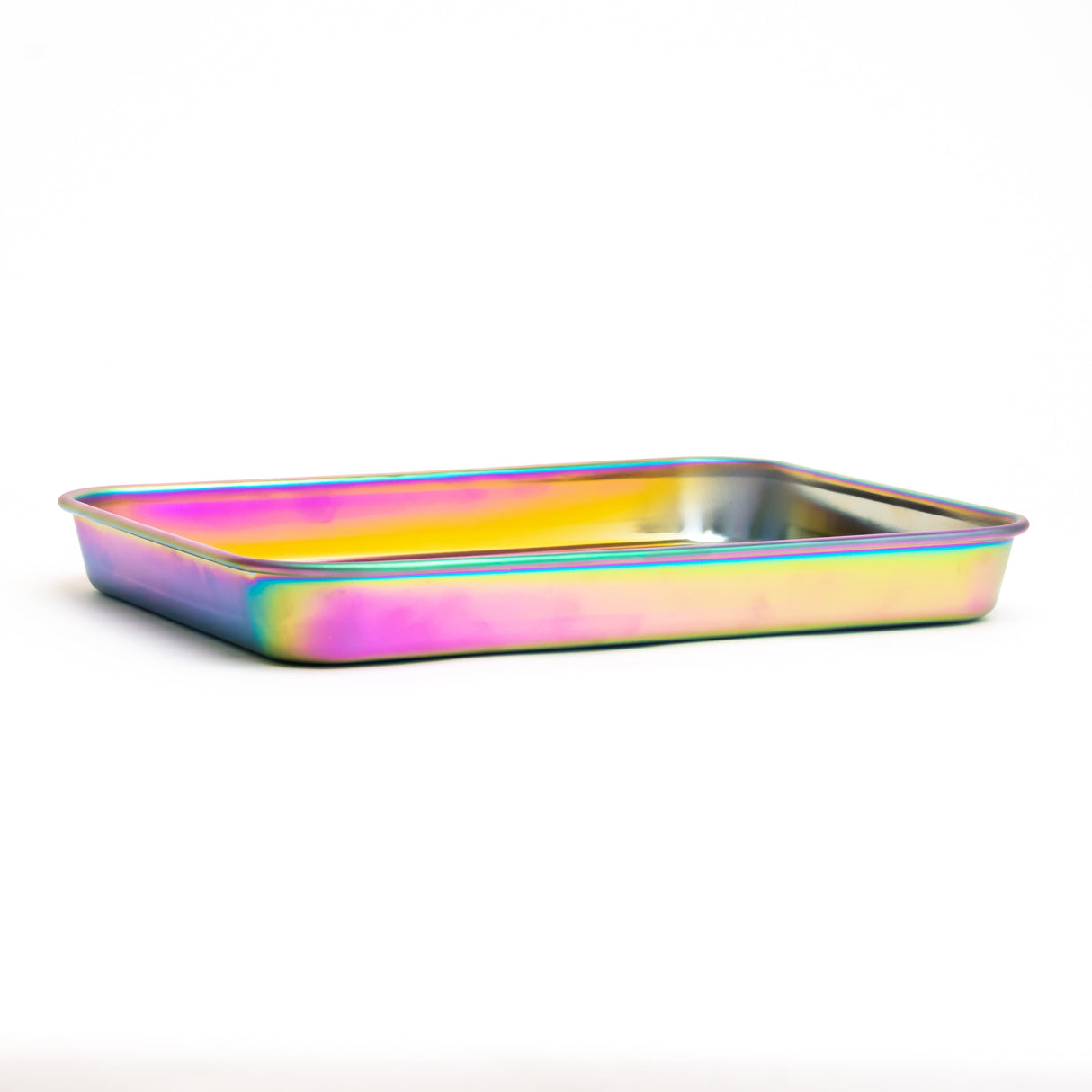 Sleek, glossy metal tray with rounded corners, featuring an iridescent finish. This compact, durable stainless steel rolling tray is perfect for organizing essentials.