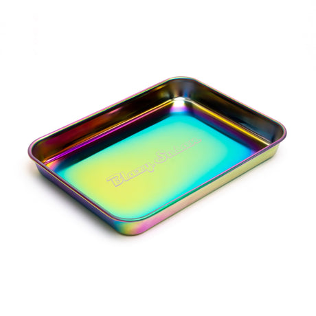 Stainless Steel Rolling Tray with iridescent finish, embossed Blazy Susan, rectangular with rounded corners, ideal for organizing smoking materials.