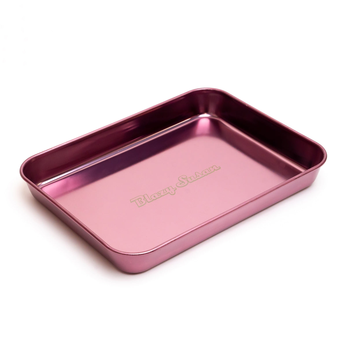 Small rectangular metal tray with rounded corners, embossed with Blazy Susan, showcasing a sleek, durable stainless steel design suitable for organizing essentials.