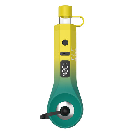 ELF CannDab Wax Vape Pen - Yellow & Green, featuring a compact, pipe-style design with real-time digital display and ceramic heating chamber for smooth dabbing.