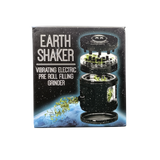 Earth Shaker Electric Herb Grinder & Dispenser retail packaging, showing an exploded-view of the grinder's parts with herbs, highlighting its grinding and dispensing features.