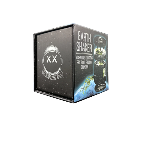 Earth Shaker Electric Herb Grinder & Dispenser packaging with astronaut-helmet logo, slogan GET LOST, and description emphasizing electric grinding, automatic dispensing, and portability.