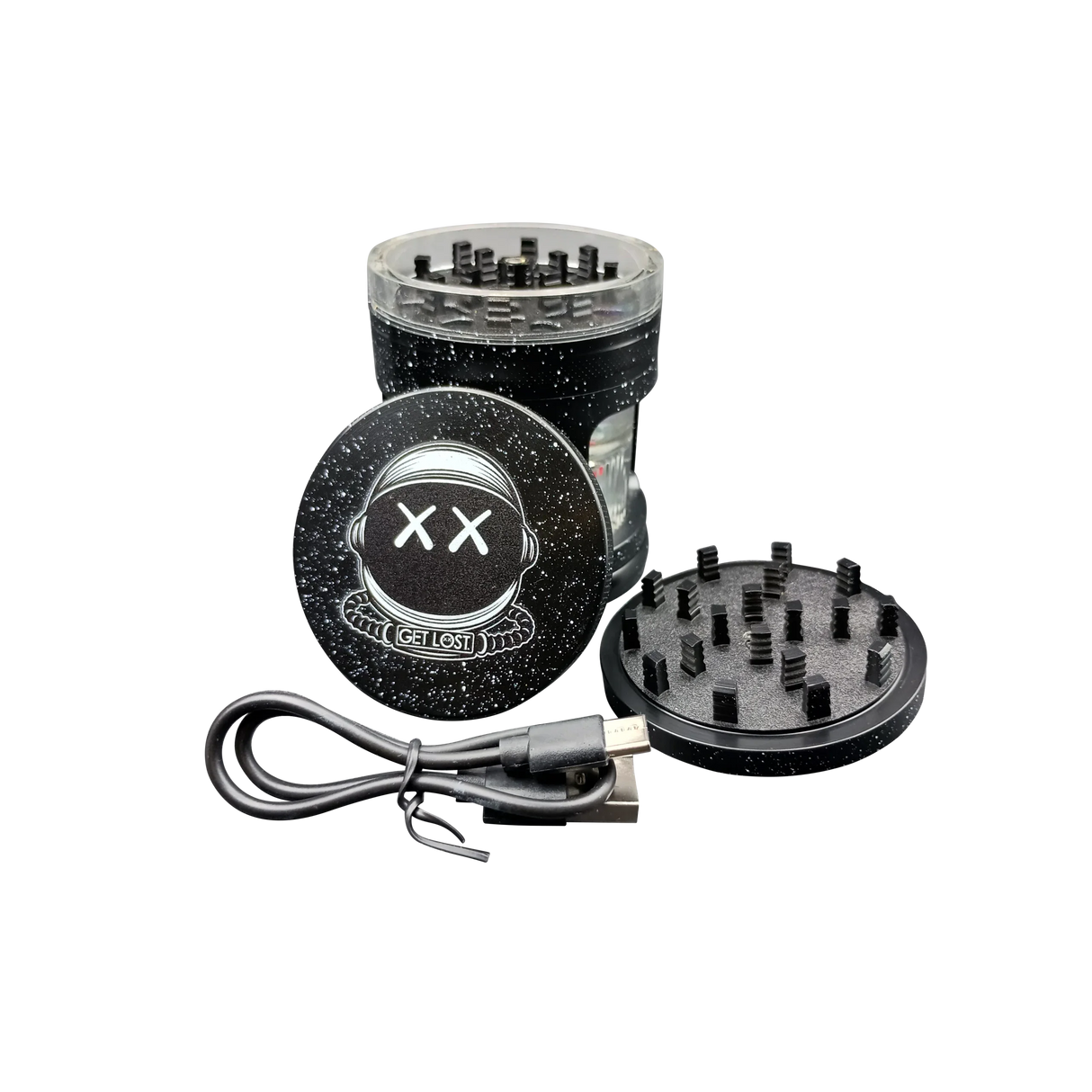 Earth Shaker Electric Herb Grinder & Dispenser disassembled: top lid with grinding teeth, middle chamber, magnetic bottom plate, USB charging cable shown alongside for visual context.