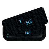 Roll N Go Long - Elements tray set with glossy black finish, neon-blue molecular pattern, and periodic-table-style tiles, featuring a magnetic lid for secure storage.