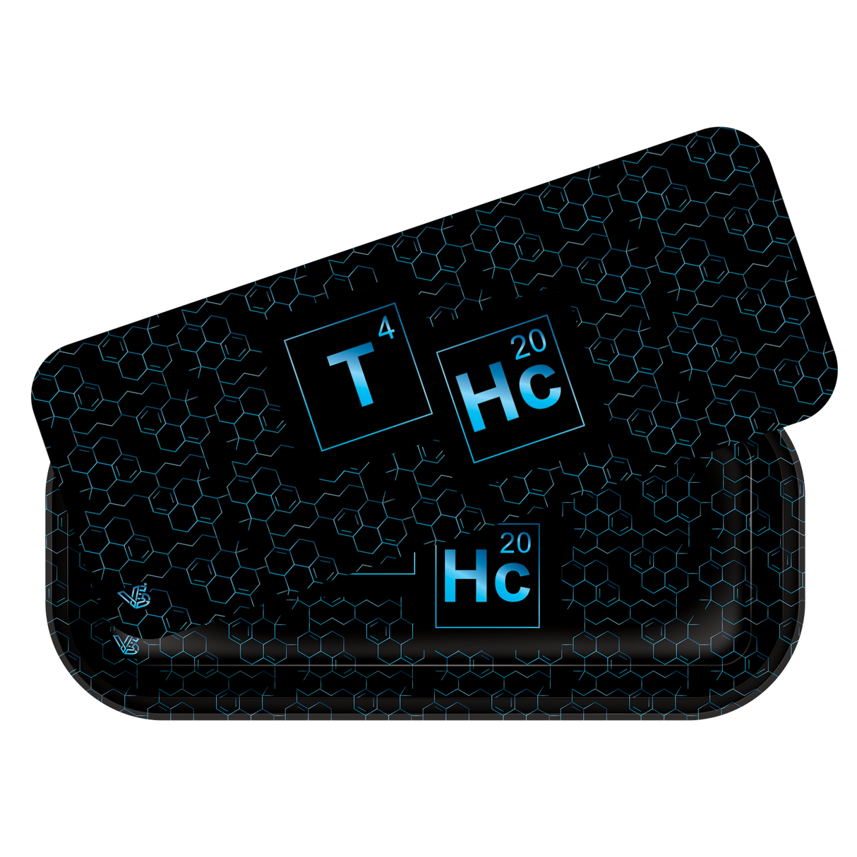Graphic art featuring T⁴ Hc²⁰ on a cyan honeycomb pattern, representing the Roll N Go Long - Elements tray's playful, chemical-themed design.