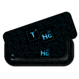 Graphic art featuring T⁴ Hc²⁰ on a cyan honeycomb pattern, representing the Roll N Go Long - Elements tray's playful, chemical-themed design.