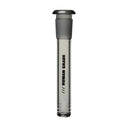 Clear glass tube with matte gray silicone sleeve, labeled // HUMAN GRADE, featuring stabilizing ridges, designed as a 14mm precision-engineered downstem for water pipes.