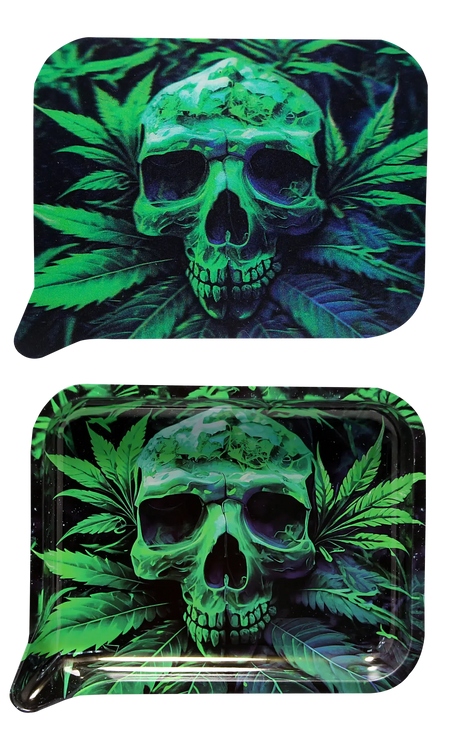 Rolling Tray Medium w Lid - Green Skull