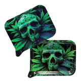 Rolling Tray Medium w Lid - Green Skull, showing two views with a glowing-green skull motif, features a 3D magnetic lid and built-in funnel edge for easy use.