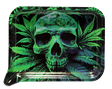 Rolling Tray Medium w Lid - Green Skull shows a neon-green skull graphic on a metal tray with a 3D magnetic lid and built-in funnel edge.