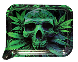 Rolling Tray Medium w Lid - Green Skull shows a neon-green skull graphic on a metal tray with a 3D magnetic lid and built-in funnel edge.