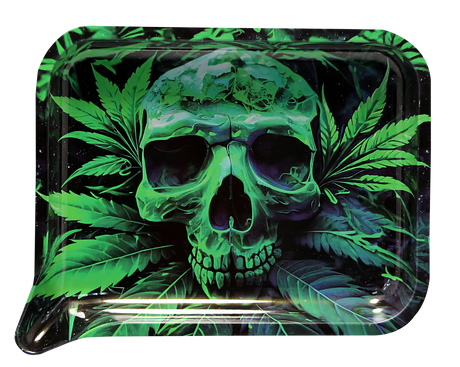 Rolling Tray Medium w Lid - Green Skull shows a neon-green skull graphic on a metal tray with a 3D magnetic lid and built-in funnel edge.
