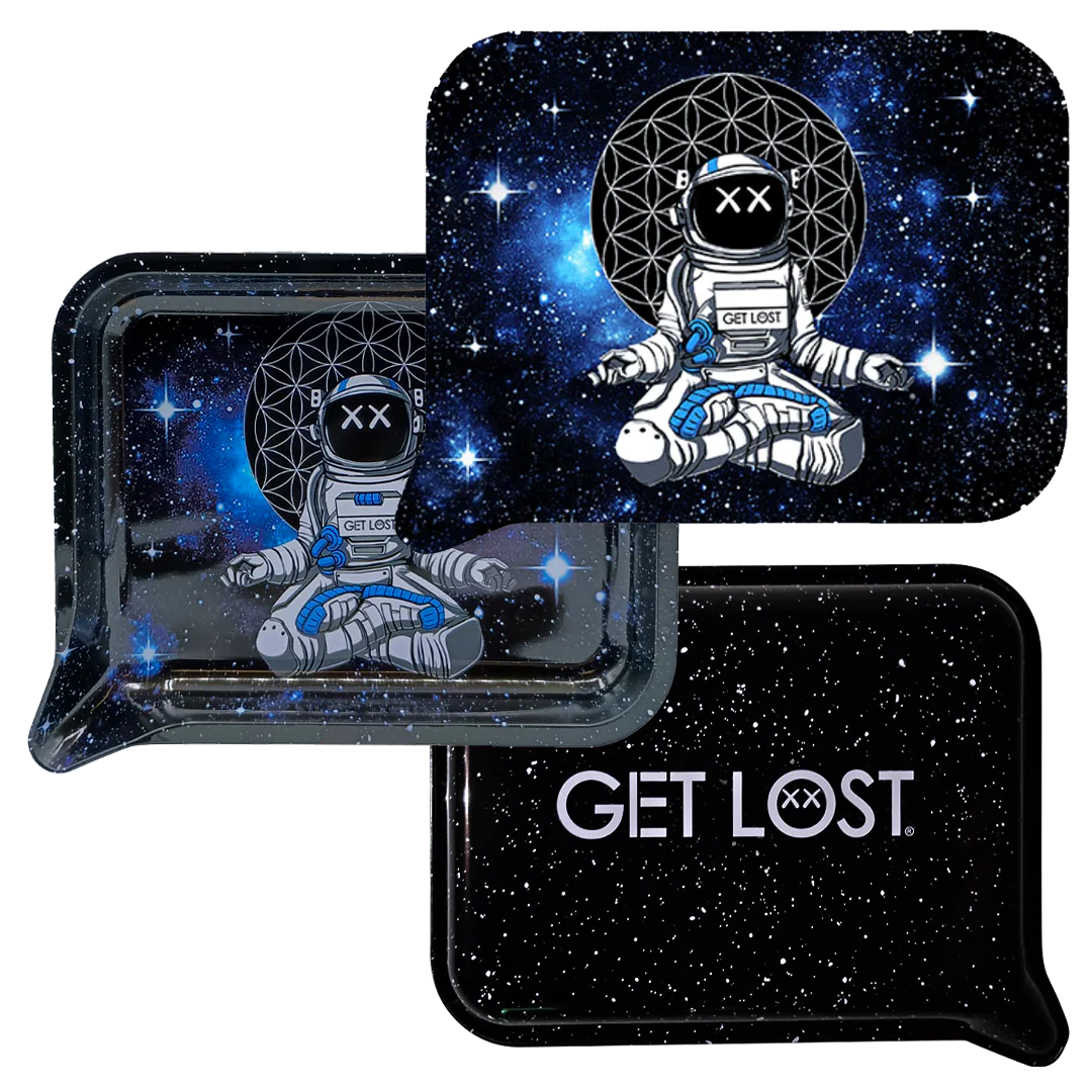 Rolling Tray Small w Lid - Astronaut Meditating, featuring a cartoon astronaut in lotus pose and GET LOST text on starry trays, for organized storage.