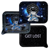 Rolling Tray Small w Lid - Astronaut Meditating, featuring a cartoon astronaut in lotus pose and GET LOST text on starry trays, for organized storage.