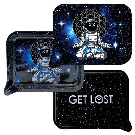 Rolling Tray Small w Lid - Astronaut Meditating, featuring a cartoon astronaut in lotus pose and GET LOST text on starry trays, for organized storage.